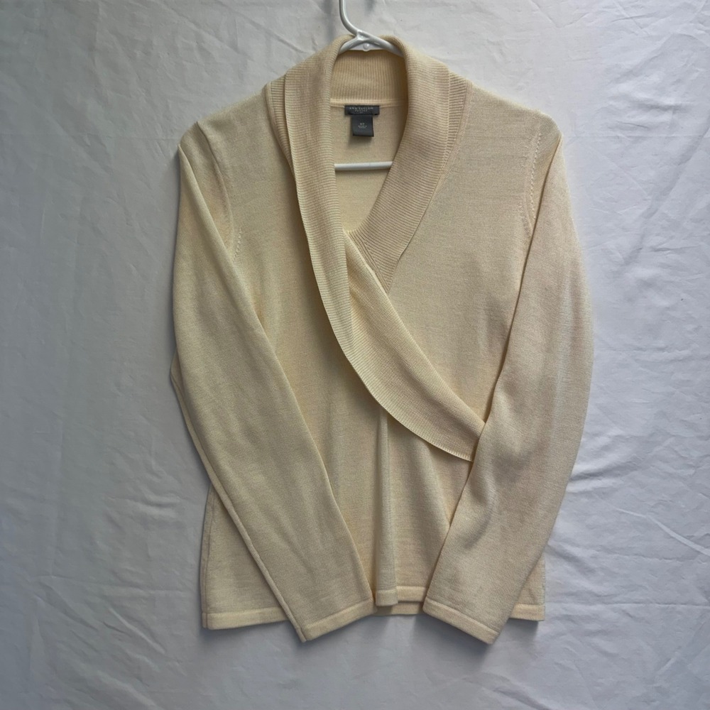 Ann Taylor Petites Merino Wool Blend Shawl Collar Wrap Sweater Cream MP